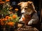 Dog gardener planting small flower in pot