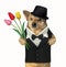 Dog gentleman with a tulips