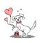 Dog with gift and balloons in the form of heart