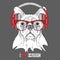 Dog in glasses and headphones. Vector illustration.