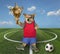 Dog with gold cup in soccer field