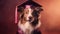 Dog In A Graduation Gown And Cap To Celebrate An Achievement Pastel Light Purple And Light Crimson B