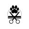 Dog grooming logo design template. Dog pawprint with comb and scissors. Vector clipart and drawing. Isolated illustration.