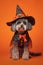 Dog with Halloween witch costume hat on orange background