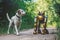 dog happily walking alongside modern robotic companion