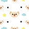 Dog head, hands. Cloud, star shape. Cute cartoon kawaii character. Baby pet collection. Seamless Pattern Wrapping paper, textile t