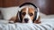 Dog in headphones listens to music in bed.