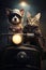 dog in helmet and cat in leather vest driving vintage car in rain anthropomorphic animals