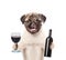 Dog holding a bottle of red wine and wineglass. isolated on white background