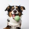a dog holding a small toy ball in its mouth on a white background