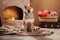 Dog at home on the background of the fireplace. Shiba Inu in the interior. Home furnishings. Pet inside.