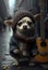 The dog in the hood plays on the city street among the crowd of people. AI Generated