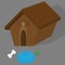 Dog House Illustration with dish for dog meal, game ball and bone