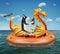 Dog husky on inflatable dragon in sea