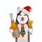 Dog husky in new year tie drinks white wine