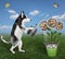 Dog husky watering money flowers in pail