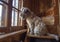 The dog, an Irish wheat Terrier, sits on a staircase in the house and looks out the window.