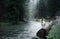 Dog Jack Russell Terrier on the banks of a mountain stream