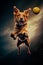 Dog jumping in the air with ball in it\\\'s mouth