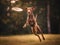 A dog jumping in the air to catch a frisbee. Generative AI image.