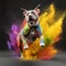 Dog jumps up among the colors of Holi