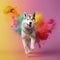 Dog jumps up among the colors of Holi