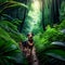 Dog in the jungle of New Zealand. Panoramic image. Generative AI