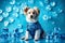 Dog in labor clothes close-up, blue crystal background.
