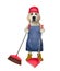 Dog labrador with broom and dustpan