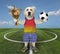 Dog labrador with gold cup in soccer field