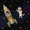 Dog labrador in outer space near rocket