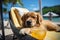 Dog Laid-Back Golden Retriever Unwinding on Vacation on the beach. Generative AI