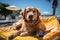 Dog Laid-Back Golden Retriever Unwinding on Vacation on the beach. Generative AI