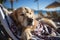 Dog Laid-Back Golden Retriever Unwinding on Vacation on the beach. Generative AI