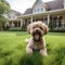 Dog on lawn outside house. Happy and content fluffy pet.