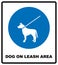 Dog on leash area icon. Dogs allowed sign. Vector illustration isolated on white. Blue mandatory symbol with white pictogram and t