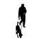 Dog on a leash, walking in the park. Silhouettes isolated on white