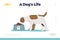 Dog life concept of landing page with small cute pappy eating dry food from dog bowl