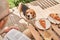 Dog looking at his owner and begs for food during the spending time at summer cafeteria