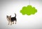 Dog looking right with green cloud hanging
