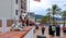 The dog looks at tourists and passers from the terrace of the house