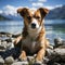 A dog lounges on pebbles with a serene lake and mountains behind. AI generation