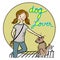 Dog lover ,girl is petting dog in retro silkscreen print drawing style cartoon vector