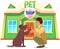 Dog and man give high five on background of pet shop. Owner and his puppy are playing, greeting