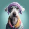 Dog miniature schnauzer cute portrait. Dog breed miniature schnauzer in funny outfit