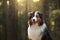 dog in nature. Beautiful forest, light, sunset. Australian Shepherd in the background landscape