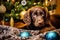 Dog near christmas tree at home. Brown spaniel posing against Christmas background. Happy New Year and Merry Christmas! Generative