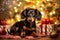 Dog near christmas tree at home. Cheerful dachshund puppy posing against Christmas background. Happy New Year and Merry Christmas