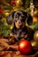 Dog near christmas tree at home. Cheerful dachshund puppy posing against Christmas background. Happy New Year and Merry Christmas