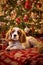 Dog near christmas tree at home. Spaniel dog posing against Christmas background. Generative AI
